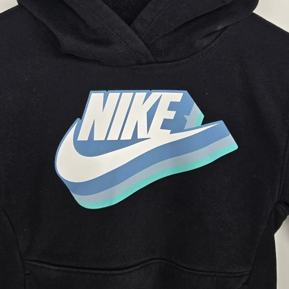 Nike‎ Hoodie Kids 7 Black Blue Teal Graphic Logo Fleece Pullover Sweatshirt